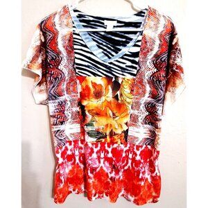 Chico's women's L (2) Short Sleeve V-Neck Multicolor Patchwork Tunic Top